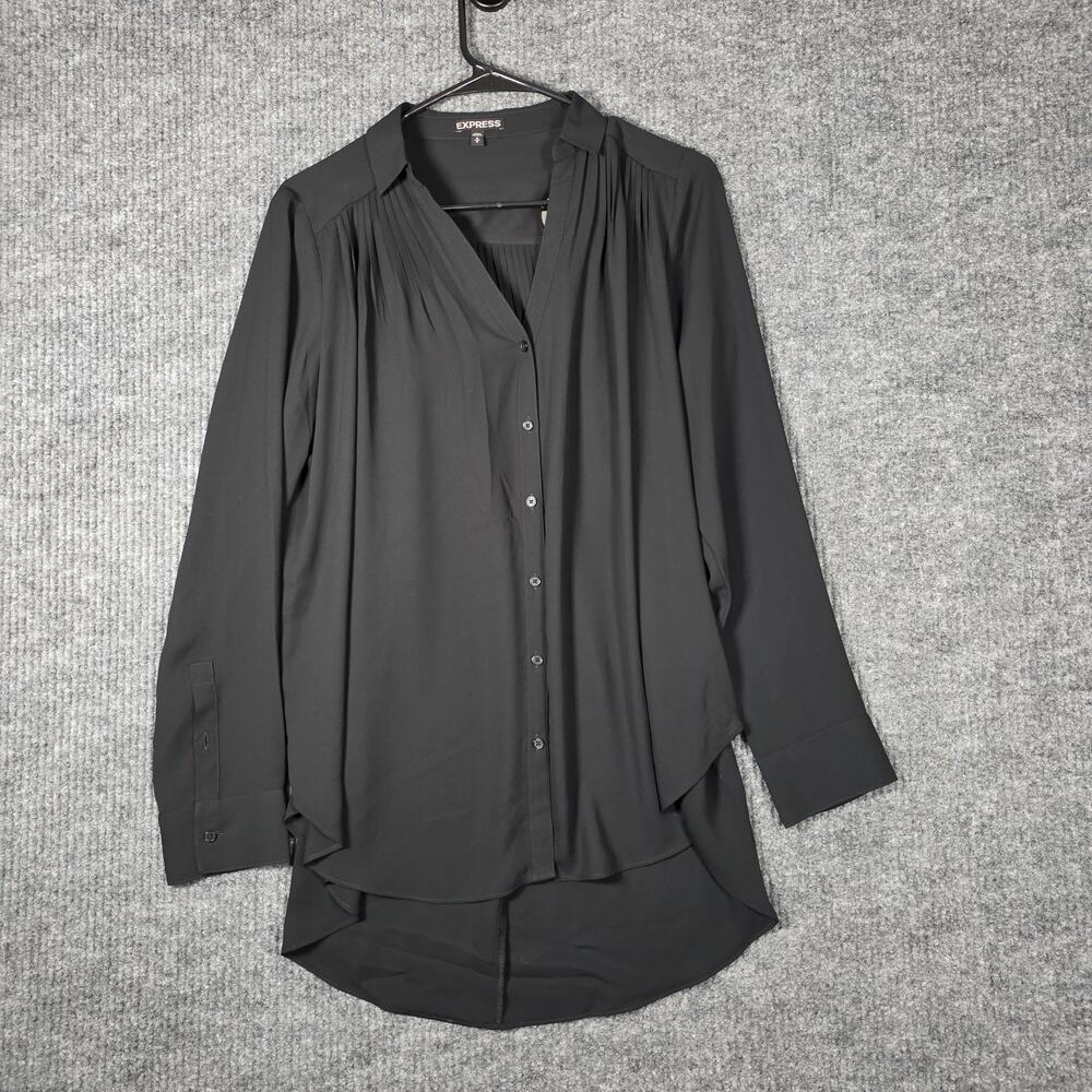 Express Black Button Front Blouse Pleated Long Sleeve Tunic‎ Top M